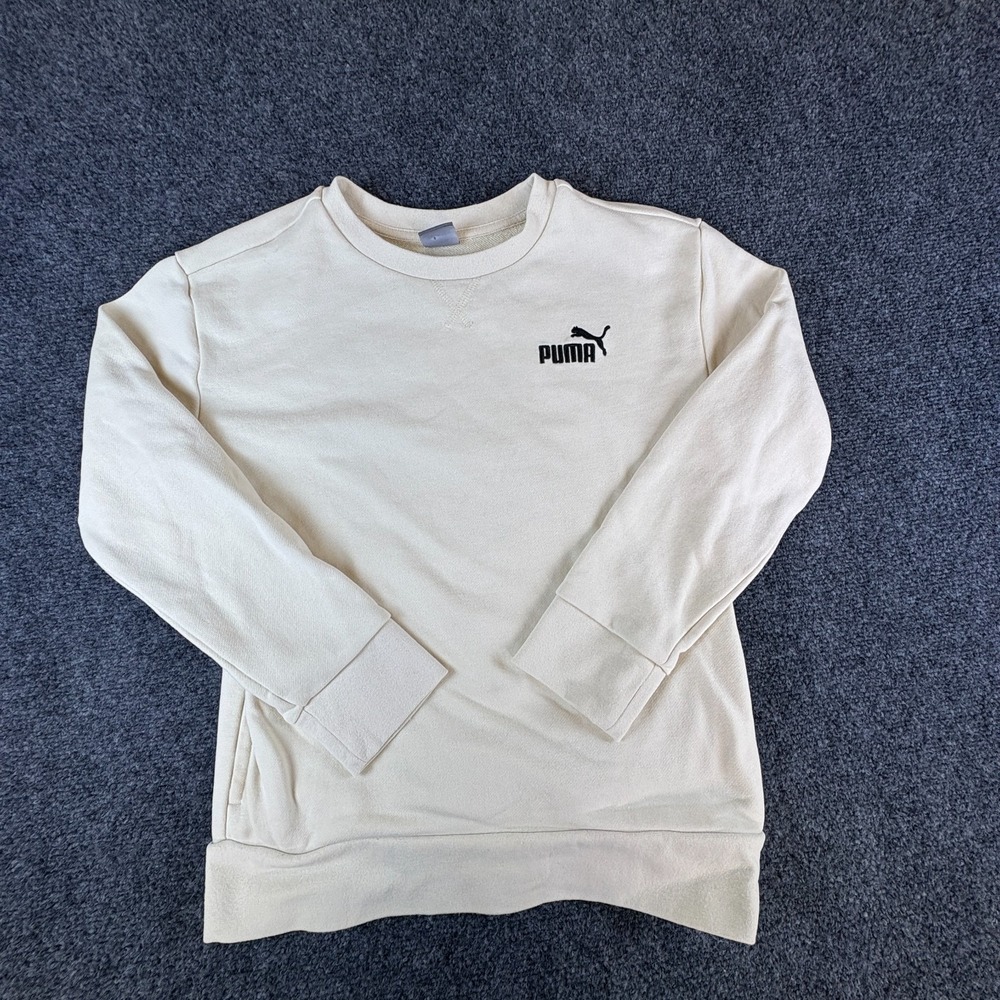 Puma Sweatshirt Boys Medium 10/12 Beige Logo Knit Crew Neck Long Sleeve Pullover